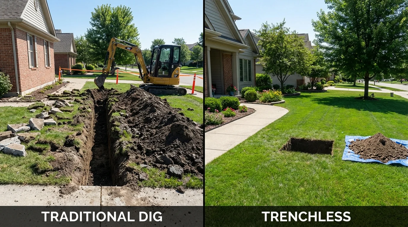 Trenchless sewer repair with minimal yard damage versus traditional excavation in Fairfield, OH